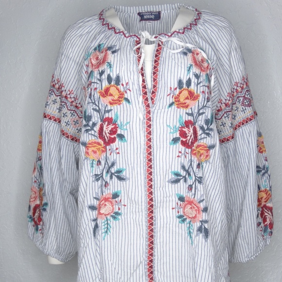 Johnny Was Workshop XL Peasant Top Embroider Roses & Stripes Split V Neck W18717 - Picture 1 of 7